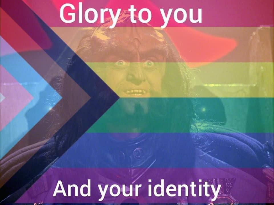This meme features a screenshot of a character from the TV show "Star Trek: Deep Space Nine" (Worf) with a shocked expression. The image is overlaid with a rainbow-colored background, a nod to the LGBTQ+ pride flag. The text "I am Worf. I will live long and prosper. But I will never live long enough to see the day when the Federation allows Worf to marry Worf" is written in a humorous, tongue-in-cheek style.